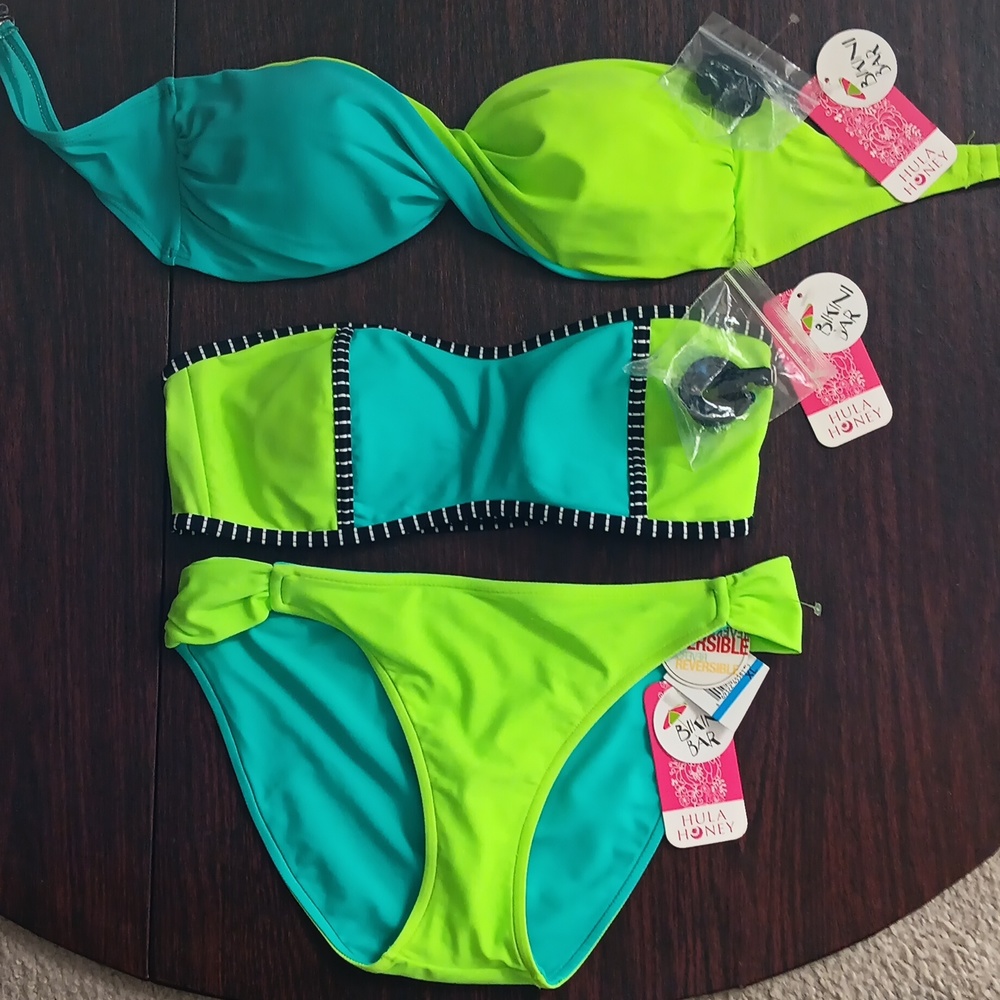 HULA HONEY Bikini Separates- Bright Yellow Green and Aqua- L/XL